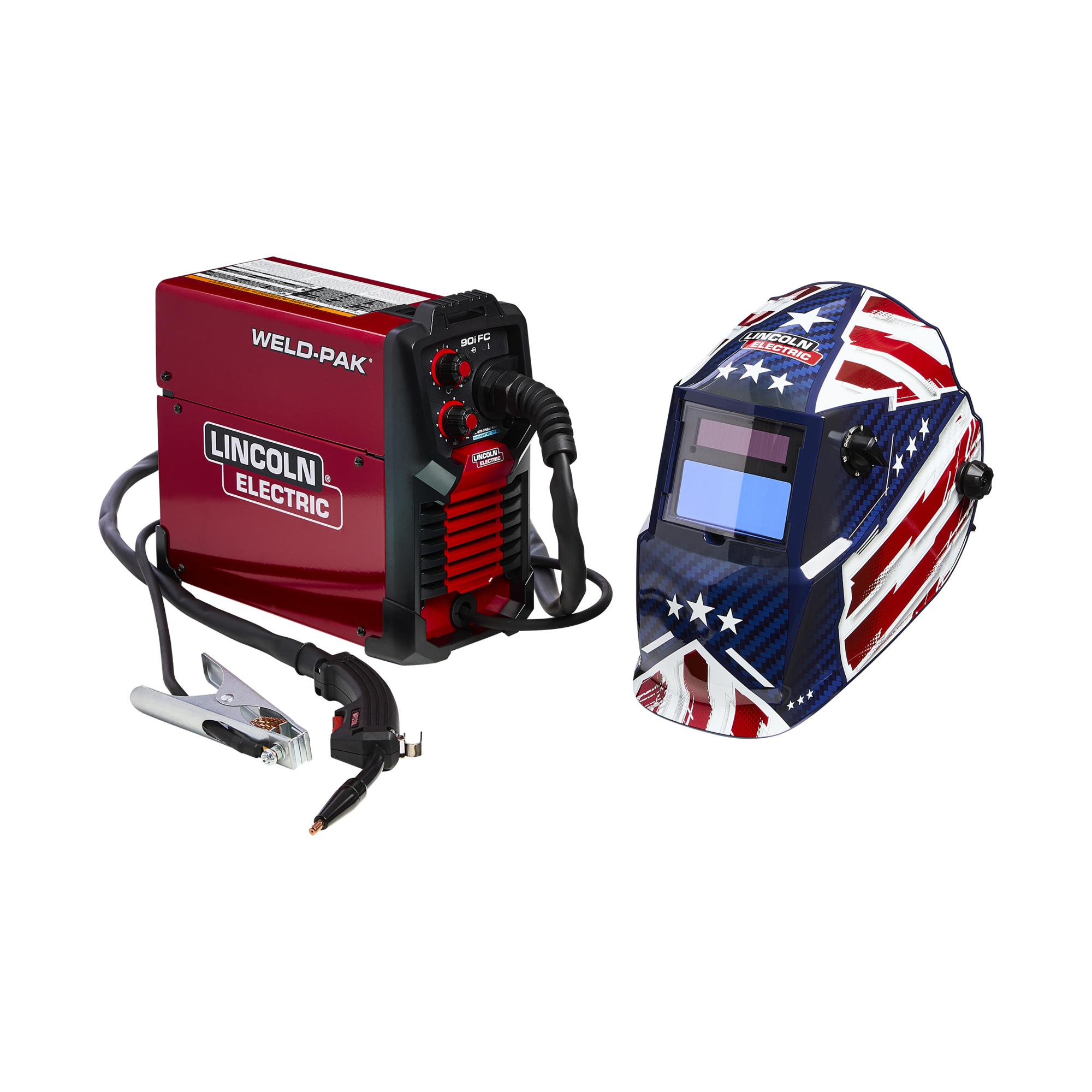 Lincoln Electric WELD-PAK 90i FC Flux-Cored Wire Feeder Welder (No Gas) Kit Model# K5255-1, Auto-Darkening Helmet Variable Shade 9-13, Patriot, Model# K5387-8